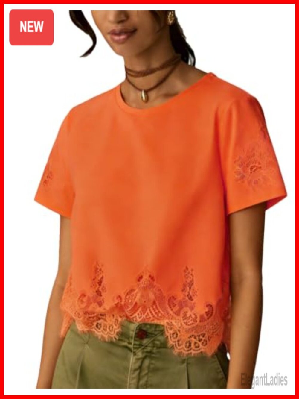 Lace Trim Cropped Crew Neck Short Sleeve T-Shirt